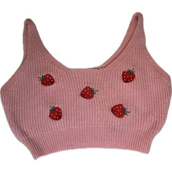 SheIn Embroidered Strawberry Knit sleeveless tank Top cropped pink shirt S 4 - Picture 1 of 6